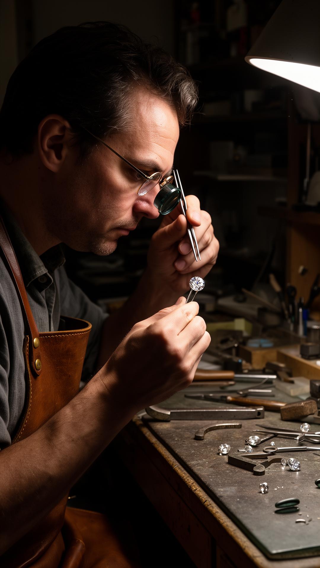 A master jeweler examining a diamond at the bench